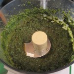 Process basil and olive oil until smooth